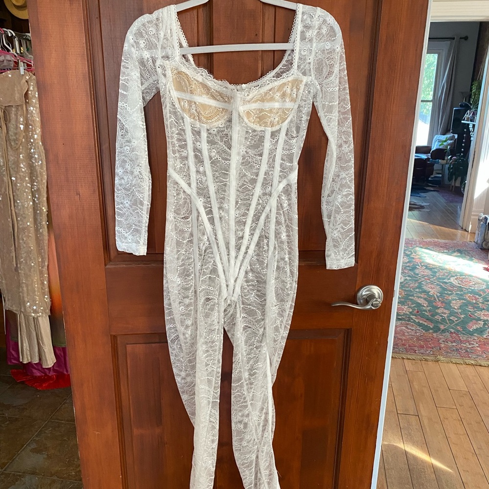 White lace catsuit bodysuit